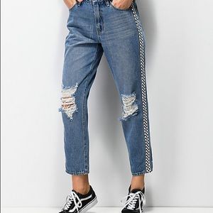Distressed boyfriend fit jeans w/ racing stripe detail size 4